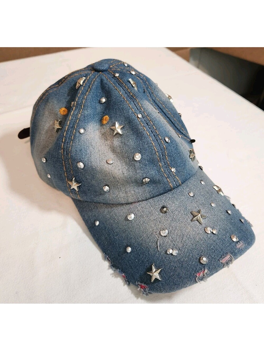 True Gear Star Studded Adjustable Distressed Denim Baseball Hat Cap